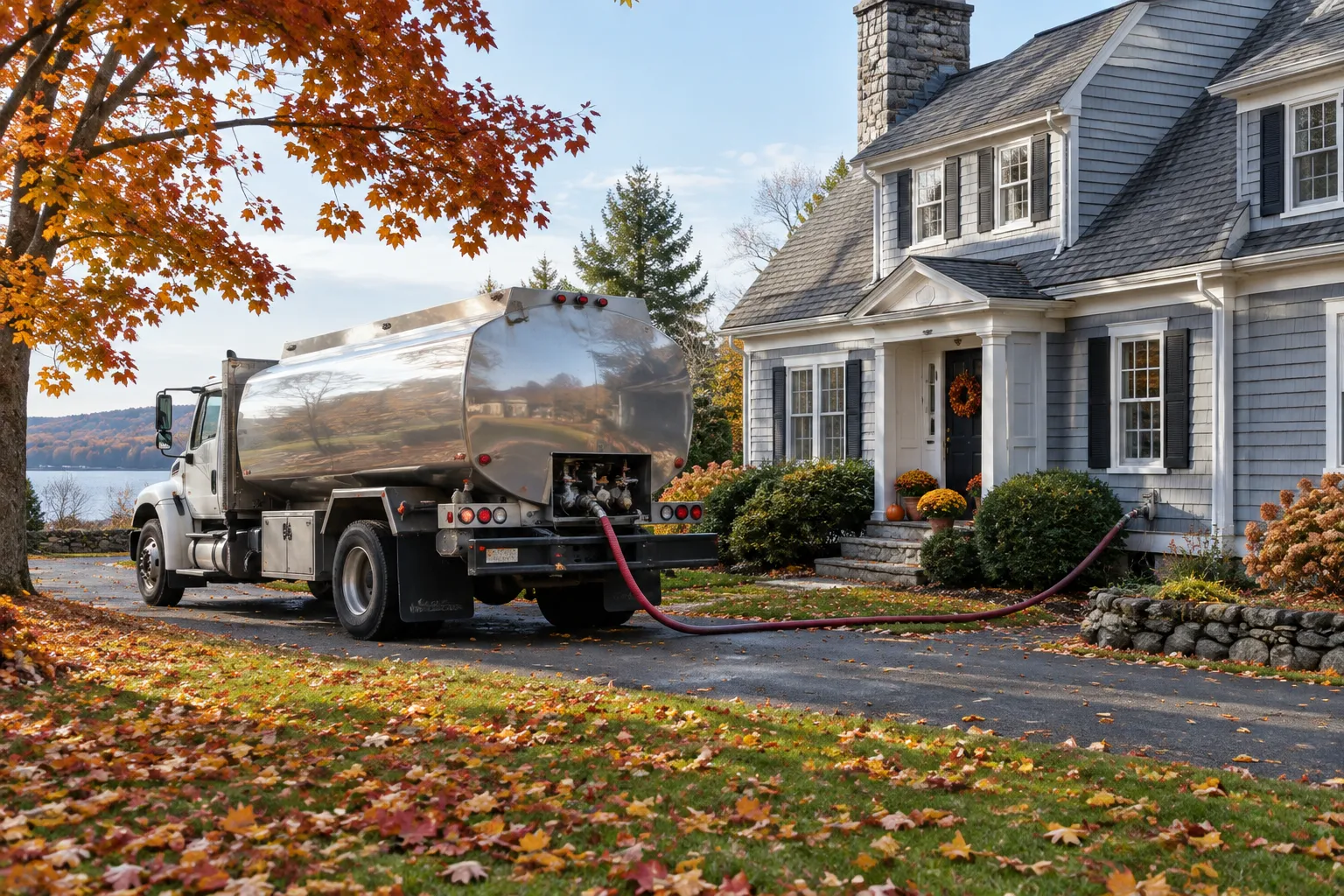 Heating oil delivery truck outside a Rhode Island home on a fall morning with autumn leaves on the ground